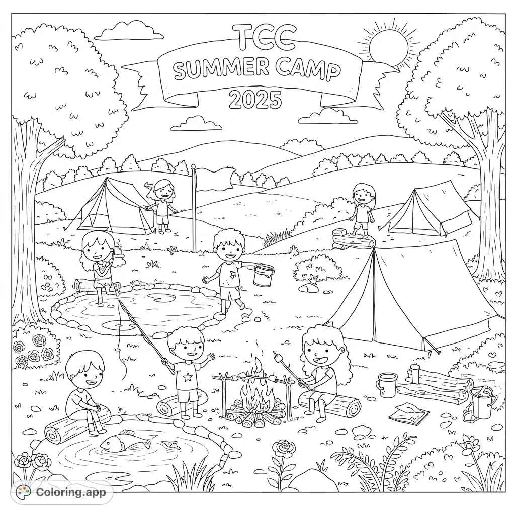 A vibrant TCC Summer Camp 2025 scene with kids enjoying outdoor activities like fishing, roasting marshmallows, and playing, set against a scenic backdrop.