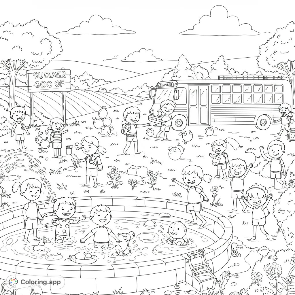 Capture the joy of summer camp with kids enjoying water play and field trip adventures. A vibrant scene for creative coloring fun!