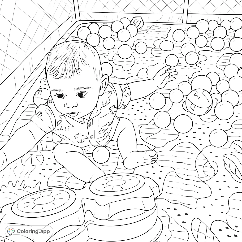 A delightful baby explores a ball pit with a toy drum, perfect for young colorists to bring to life with playful hues.