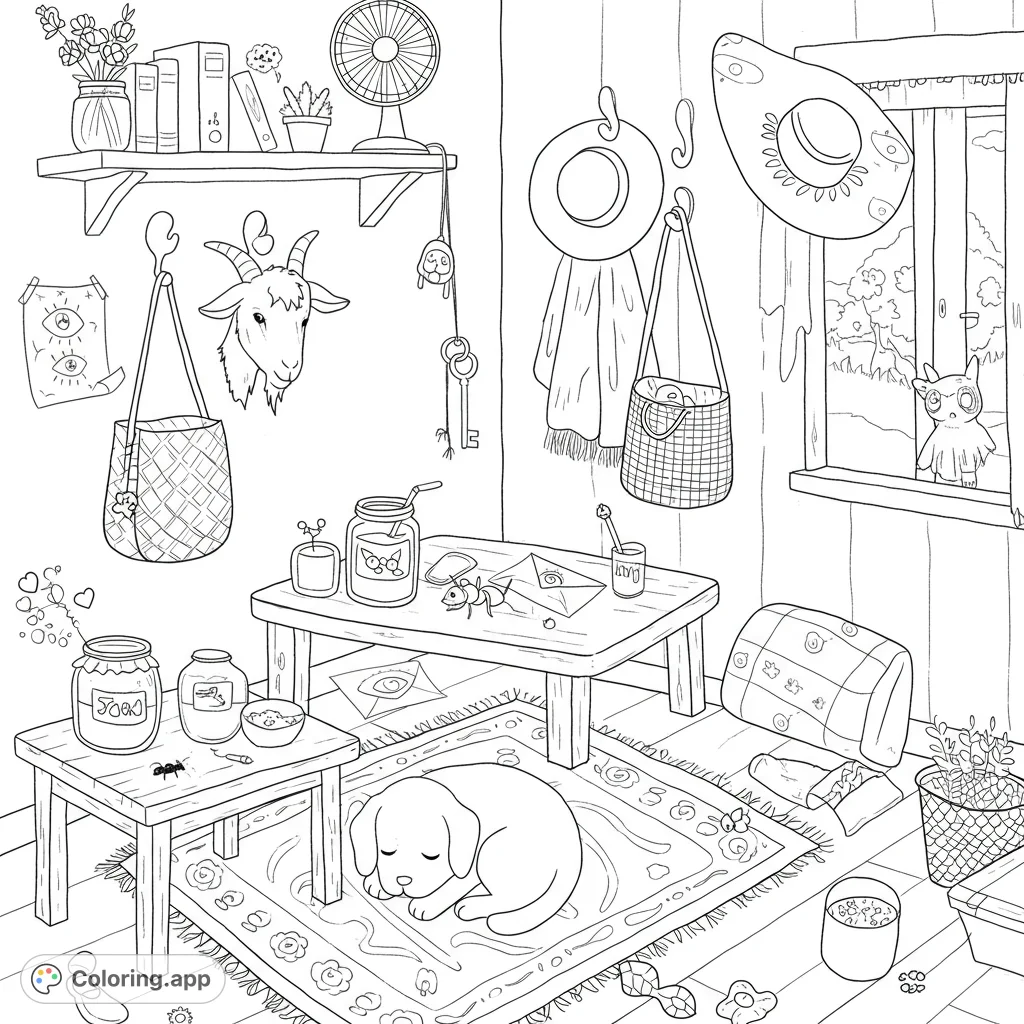 Explore a charming scene filled with everyday objects and friendly animals. Discover a cat, dog, jam, and more in this delightful, detailed coloring page.
