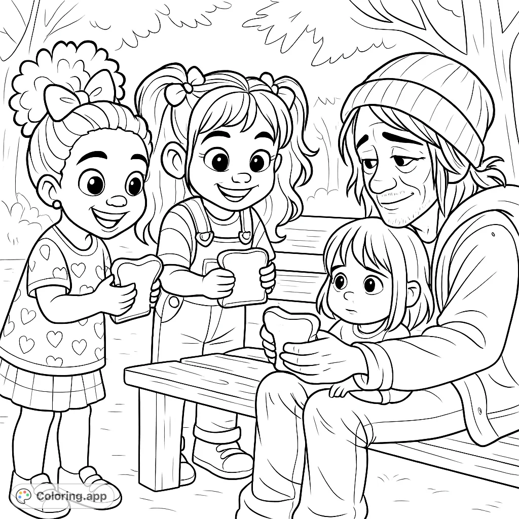 A heartwarming scene of two kind children sharing sandwiches with an adult and child on a park bench. A beautiful moment of generosity.