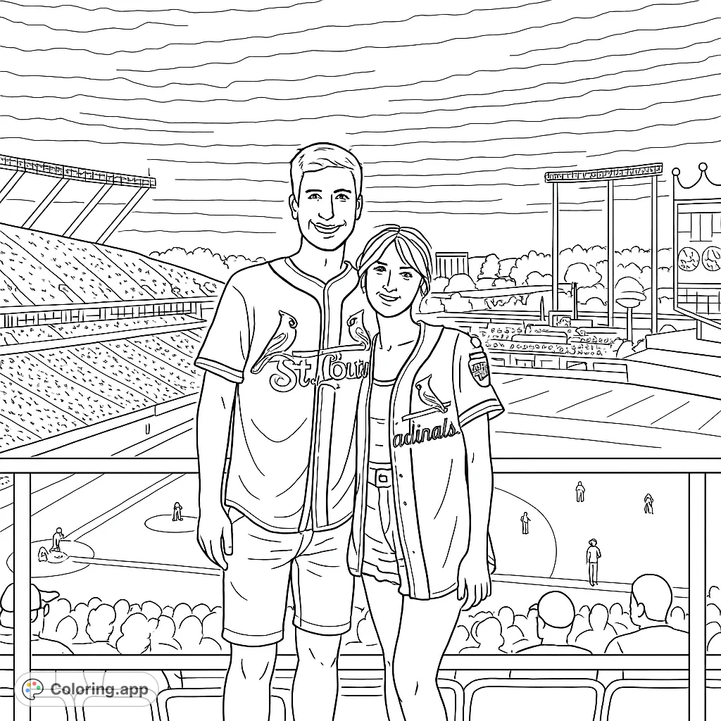 Color a dynamic baseball stadium scene featuring a couple, bustling crowd, and detailed field. Perfect for sports fans!