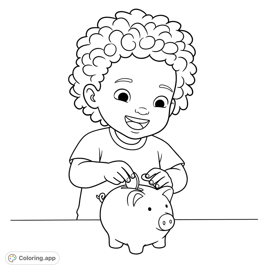 A joyful child with curly hair deposits a coin into a classic piggy bank, celebrating the act of saving. Perfect for teaching financial literacy!