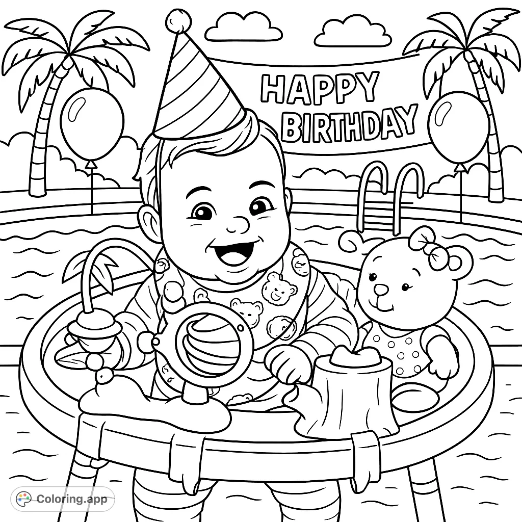 Celebrate a special milestone with this cartoony birthday pool party coloring page! Featuring a joyful baby amidst festive decorations and pool elements.