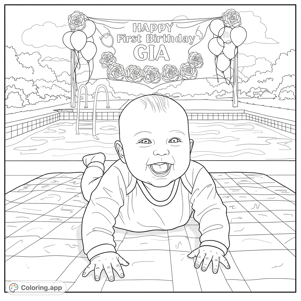 Celebrate a special milestone with this adorable first birthday coloring page featuring a happy baby at a poolside party, perfect for kids and adults.