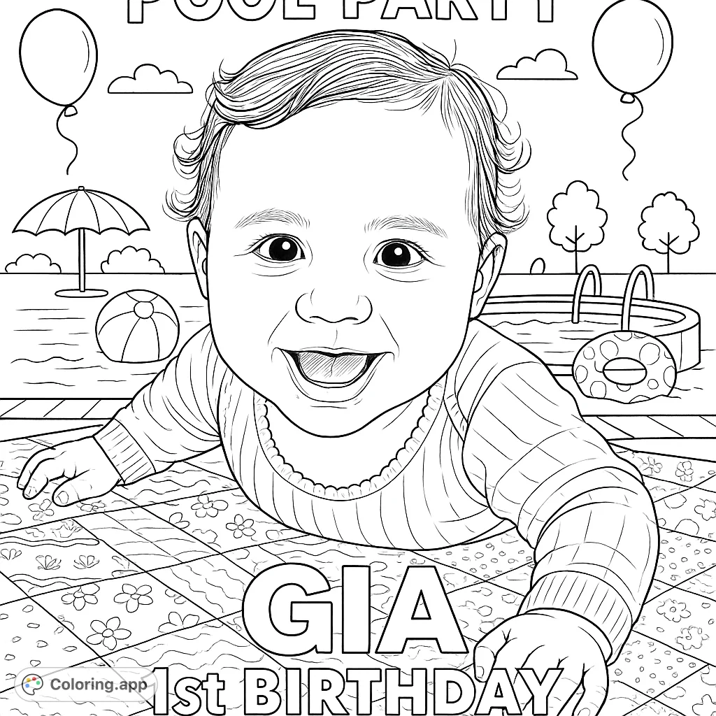 Celebrate Gia's first birthday with this fun pool party coloring page! Features a happy baby ready for a splash in a festive pool scene.
