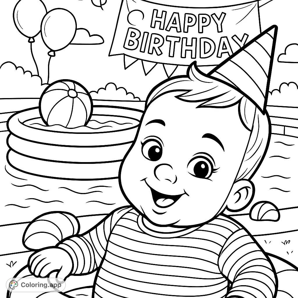 Celebrate with this adorable baby at a fun birthday pool party! A delightful free printable birthday coloring page for kids and adults.