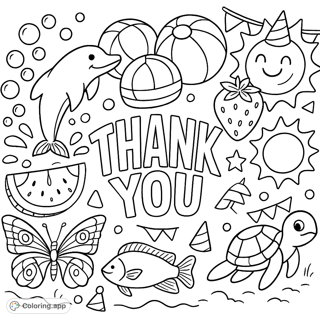 A delightful collection of summer-themed objects and a 'THANK YOU' message, perfect for a birthday pool party coloring page. Express gratitude with fun designs!