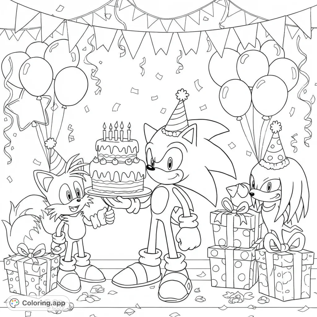 Join Sonic, Tails, and Knuckles for a super-speedy birthday celebration! A fun, free printable Sonic coloring page for fans of all ages.