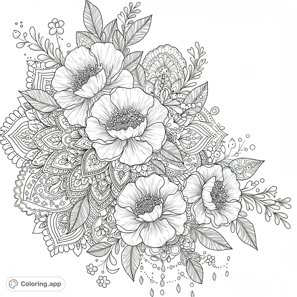 Unleash creativity with an intricate ornamental floral mandala coloring page, featuring realistic blooms, detailed patterns, and celestial elements.