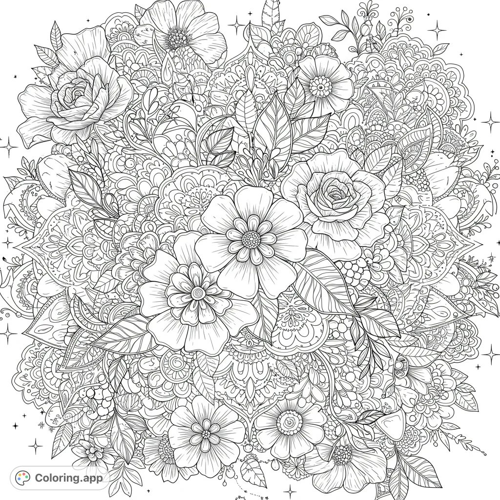 An intricate celestial floral mandala design, perfect for detailed coloring. Features blooming flowers, geometric patterns, stars, and crescent shapes.