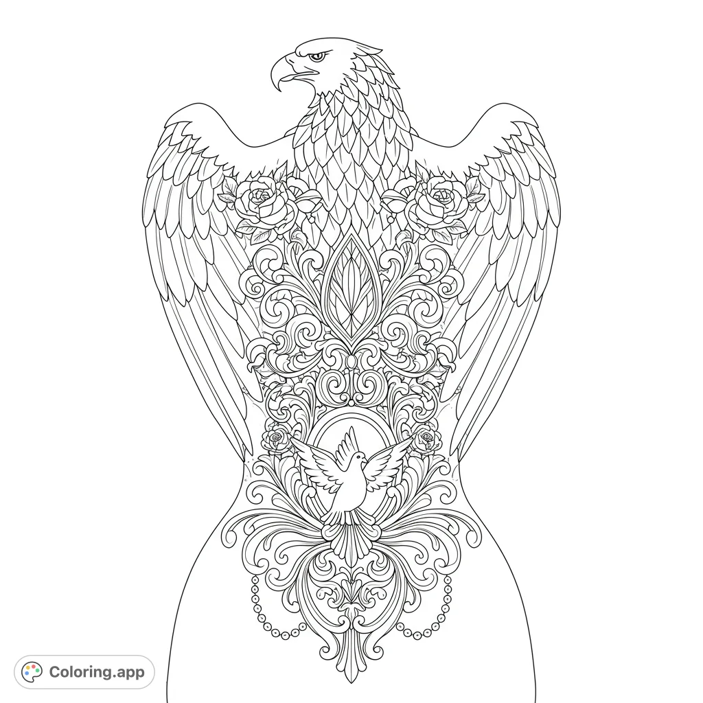 An elegant eagle in repose, surrounded by intricate swirling vines, delicate chains, and a graceful dove, perfect for detailed coloring.