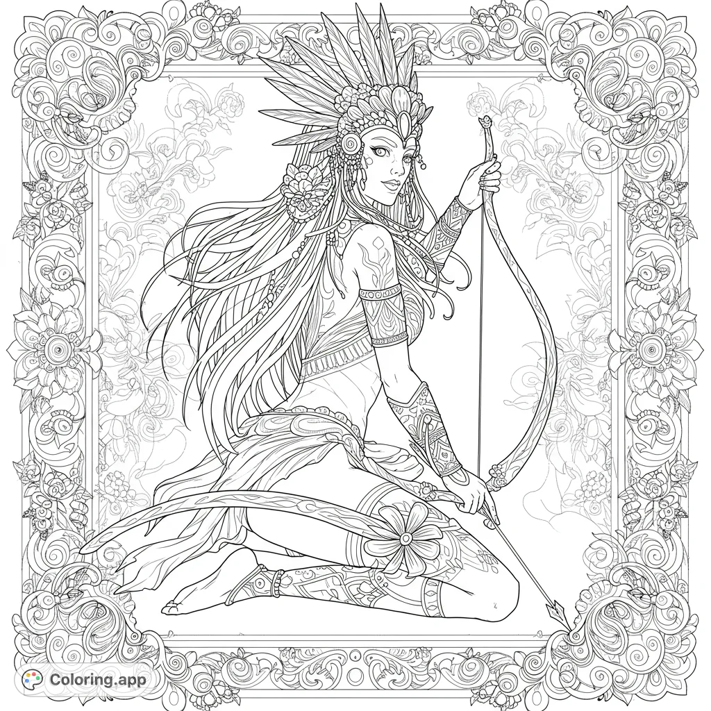 Discover a detailed warrior figure in a serene kneeling pose, adorned with a feathered headpiece and intricate jewels, framed by decorative flora.