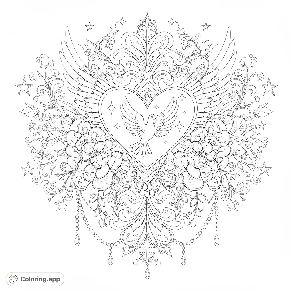 An intricate heart with feathered wings, a dove, delicate chains, and sparkling jewels, surrounded by ornate flowers, swirling vines, stars, and a diamond. A highly detailed design.