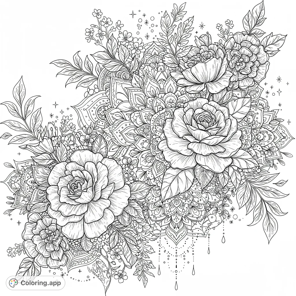 Explore an intricate floral mandala design, blending realistic blooming flowers with detailed geometric patterns and celestial elements for a captivating coloring experience.