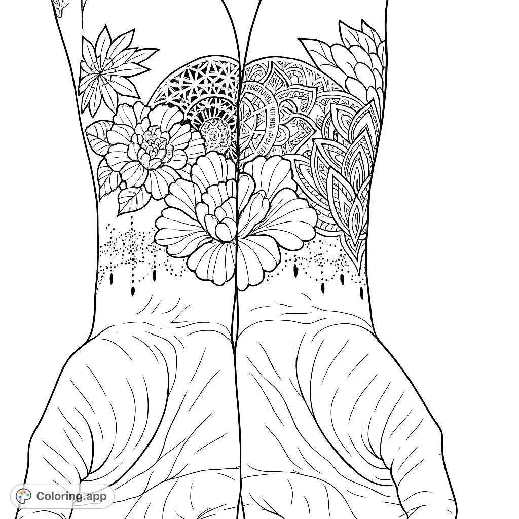 Detailed floral and mandala patterns intertwine, offering an intricate coloring experience for relaxation and creativity.