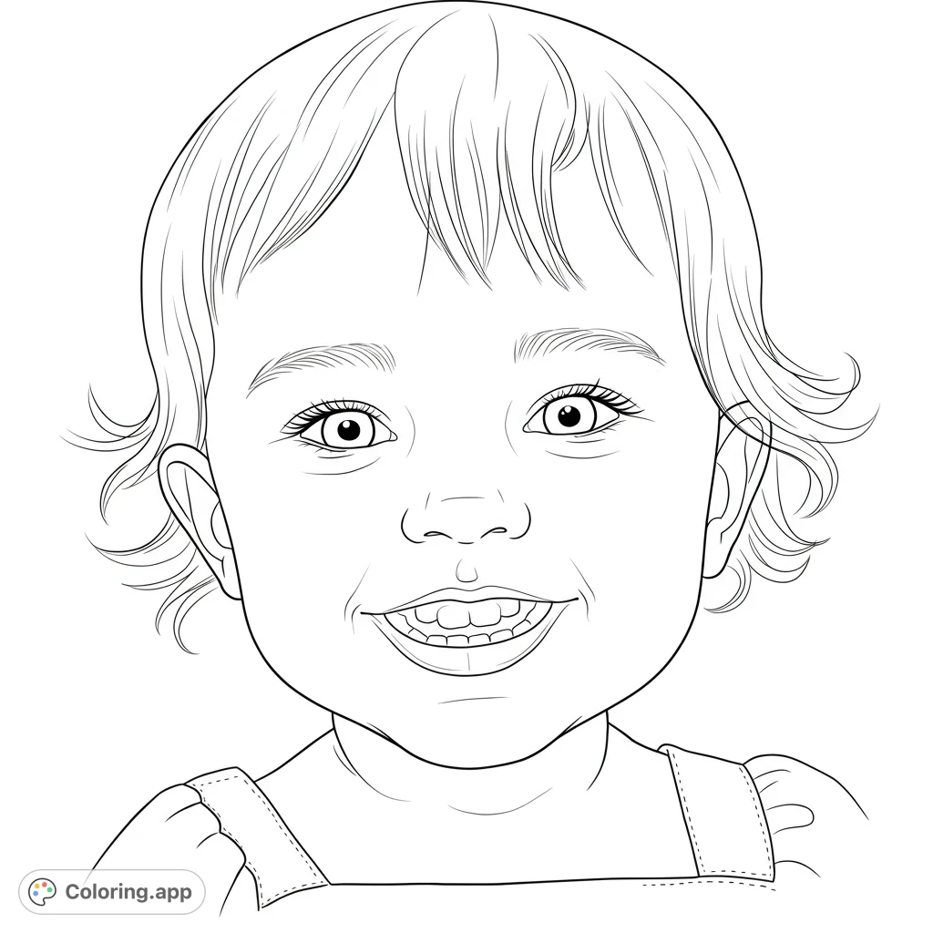 Discover a realistic, intricate child portrait coloring page, featuring a joyful smile and celestial patterns. A free printable coloring page for kids and adults.