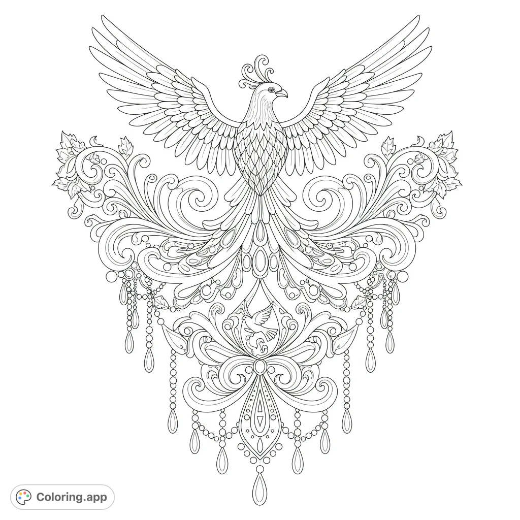 Discover a majestic bird with expansive wings, intricate swirls adorned with jewels, and a graceful dove within a stylized crest. A detailed design for creative expression.