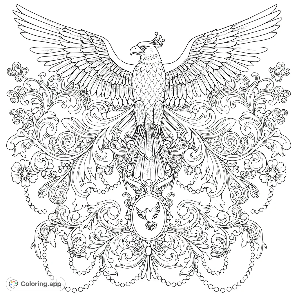 Unleash your creativity with this intricate majestic bird coloring page, featuring elaborate swirls, jewels, and a graceful dove amidst decorative borders.