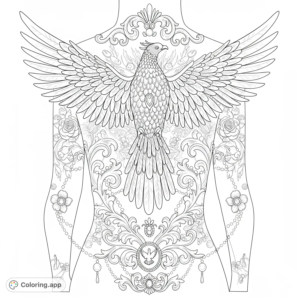 An intricate design featuring a majestic bird with detailed wings, flowing vines, draped chains, and an ornate emblem with a dove, perfect for detailed coloring.
