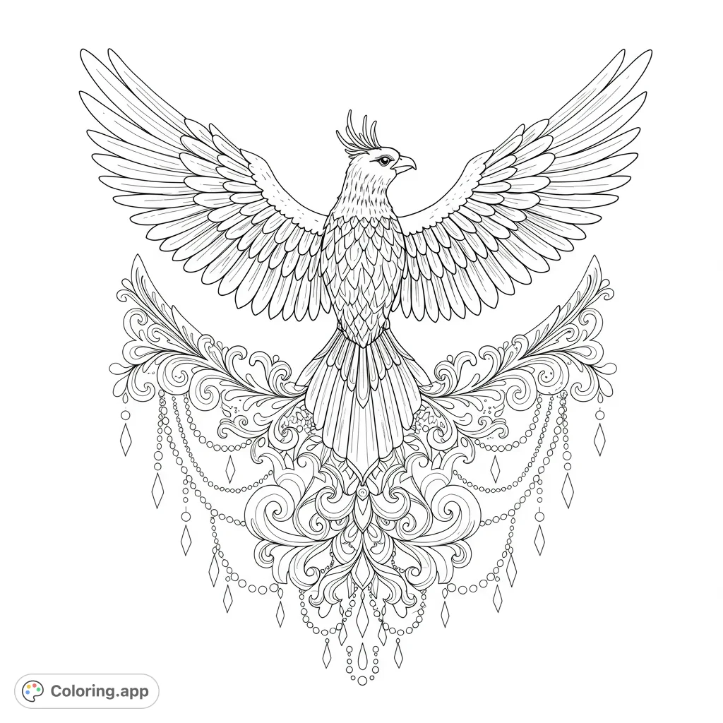 An intricate hand-drawn sketch featuring a majestic bird with outstretched wings, flowing into complex swirling patterns, delicate vines, and a stylized celestial crest.