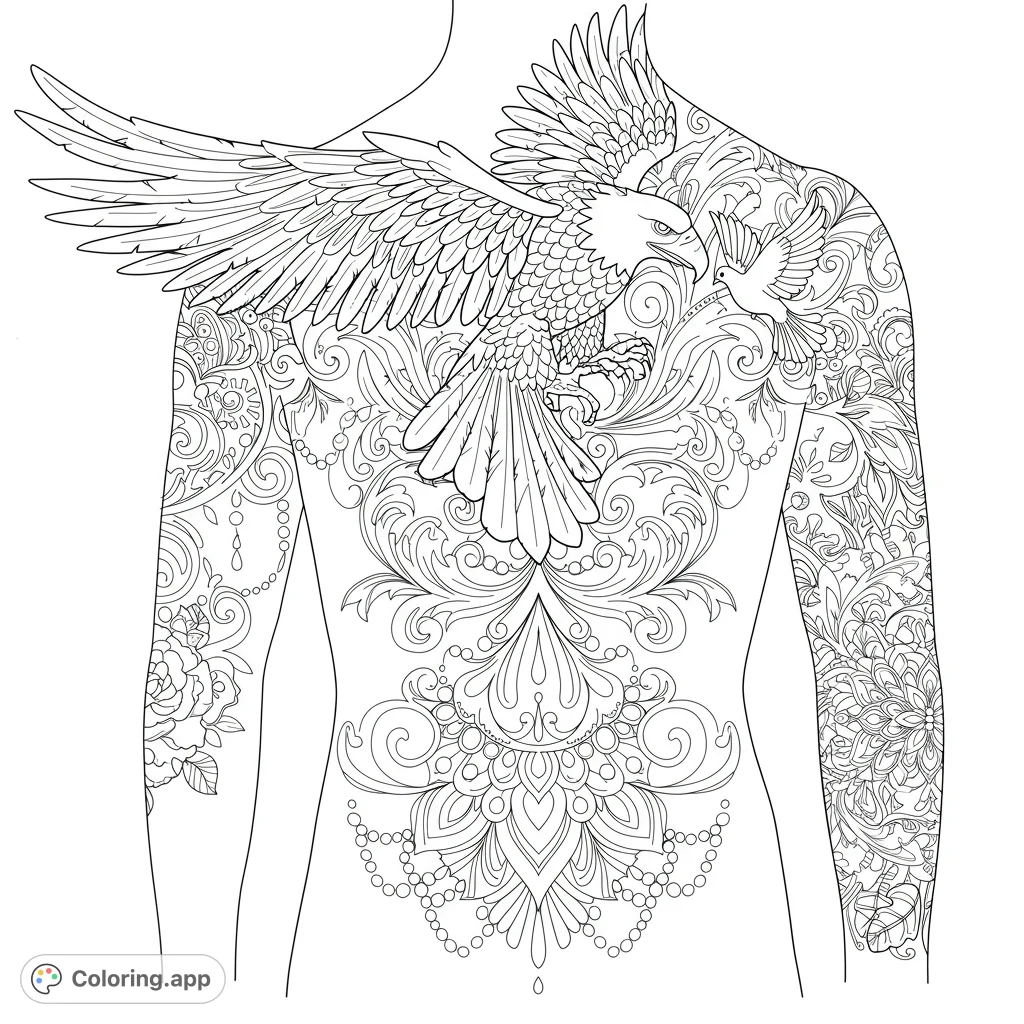 An intricate coloring page featuring a majestic eagle, elaborate scrollwork with delicate jewels and doves, and a detailed mandala, perfect for adult colorists.