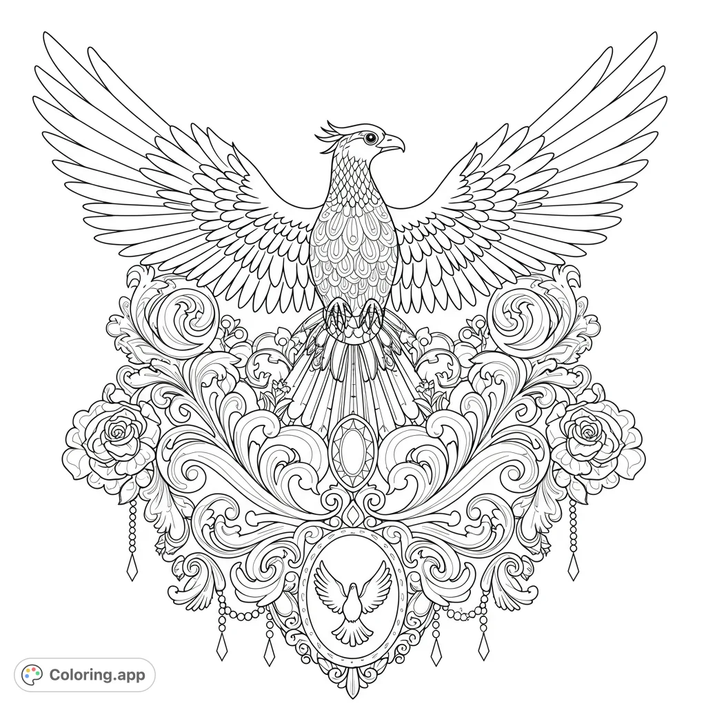 An intricate hand-drawn design featuring a majestic bird with expansive wings, flowing ornate patterns, jewel accents, and a serene dove within a stylized crest.