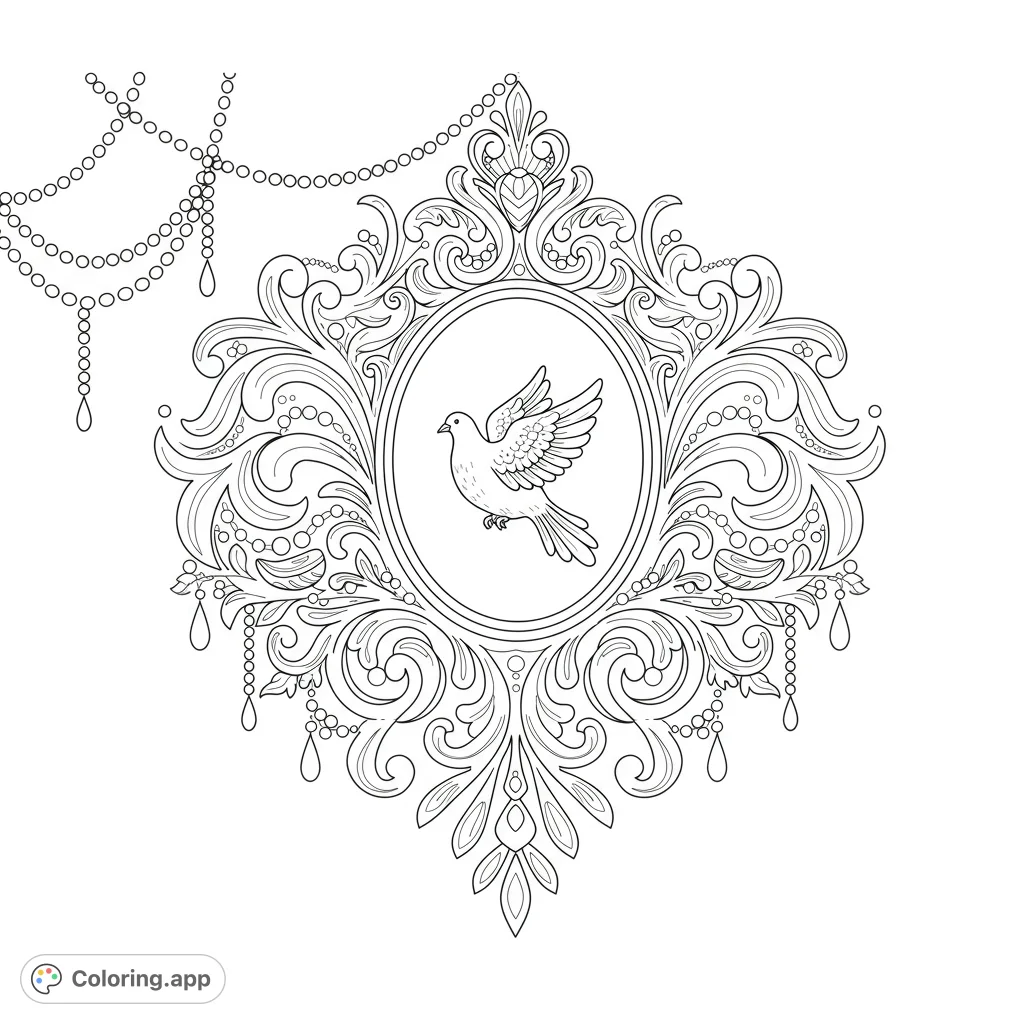 An intricate decorative crest with a central dove, surrounded by elegant swirling tendrils, delicate beads, and wispy lines. Perfect for detailed coloring.