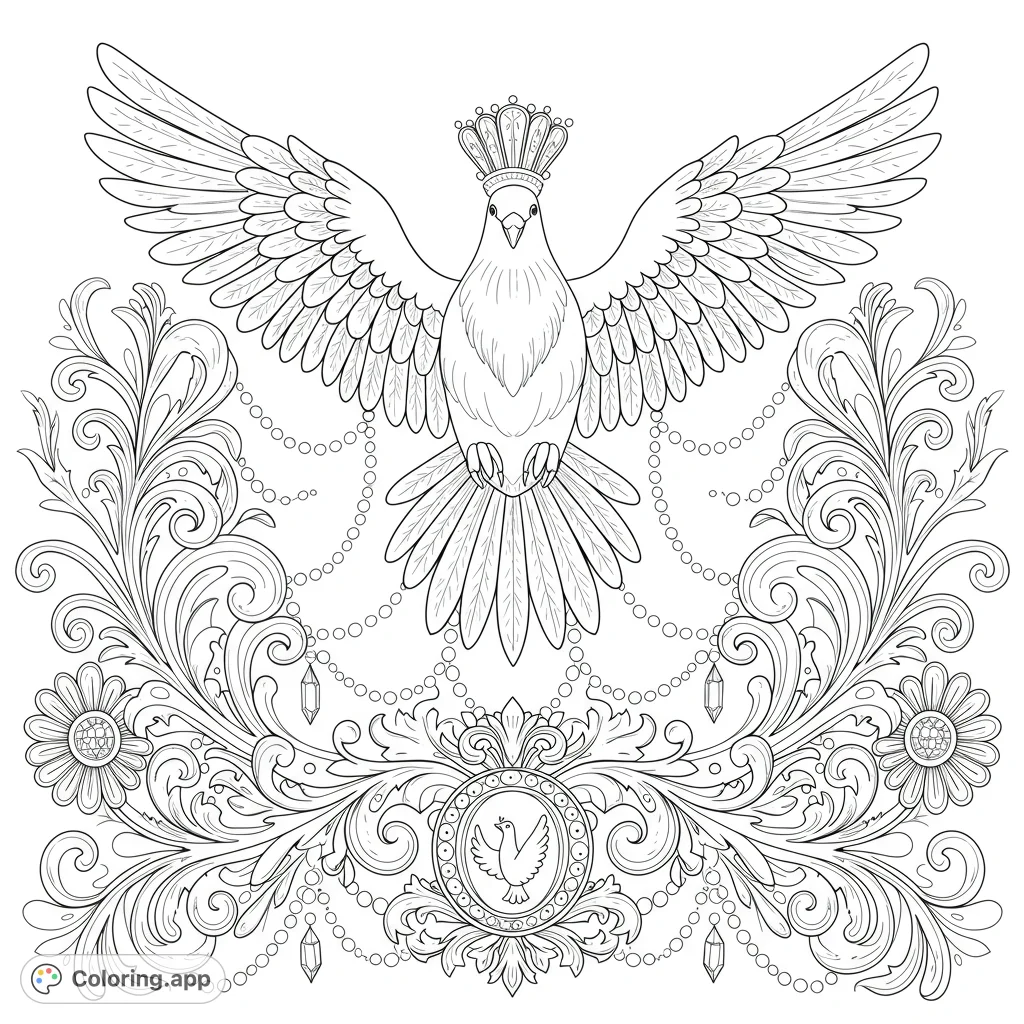 An intricate ornate dove design with swirling vines, delicate leaves, draped chains, and sparkling jewels, perfect for detailed coloring.