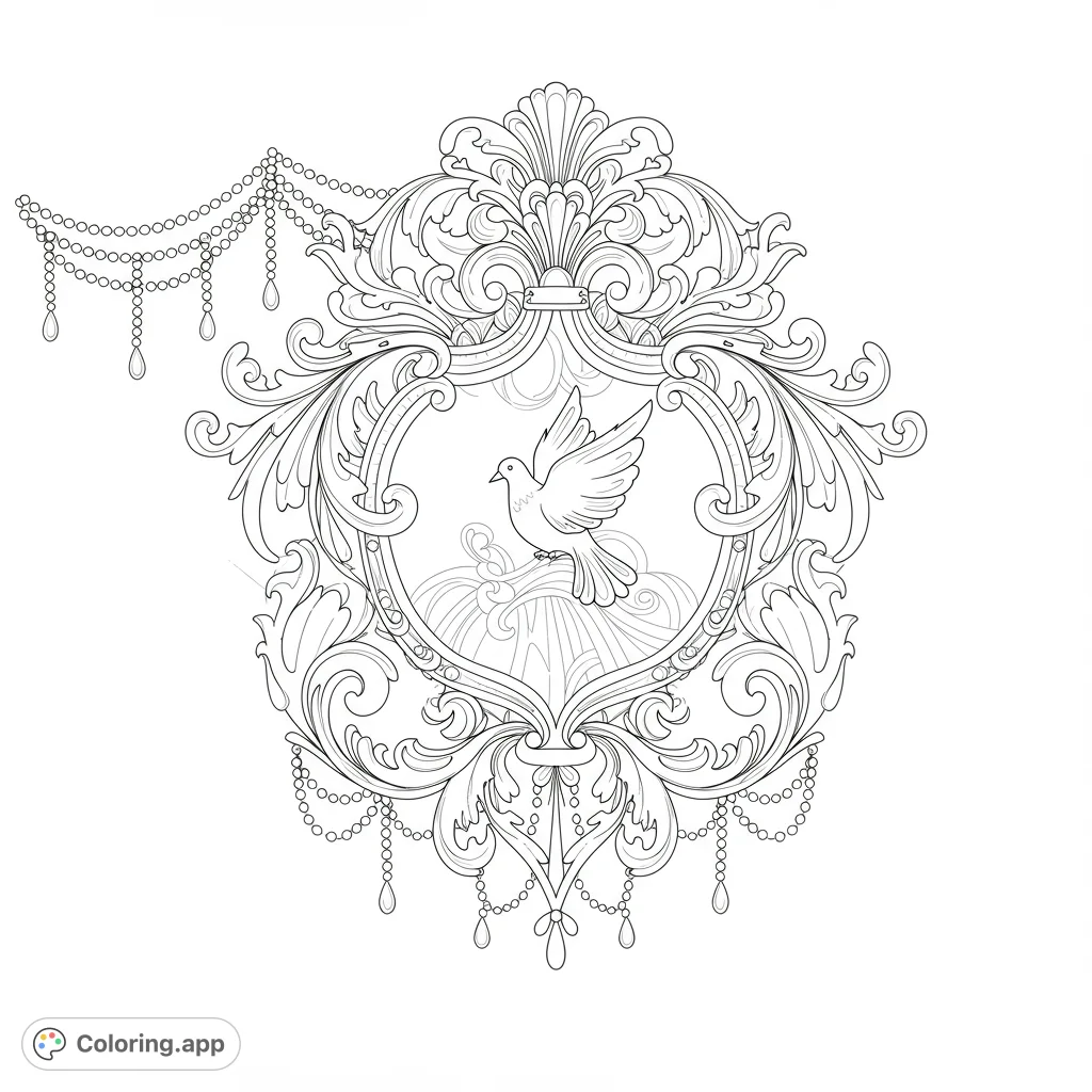 Discover an intricate decorative crest featuring a graceful dove, swirling tendrils, and delicate beaded chains. A detailed design for mindful coloring.