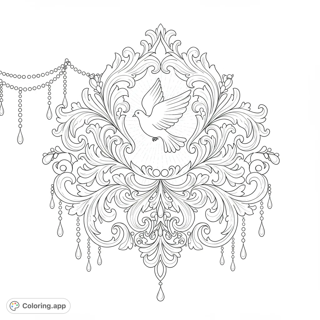An intricate decorative design featuring a central ornate crest with a graceful dove, surrounded by elegant swirling tendrils, delicate beads, and flowing patterns.