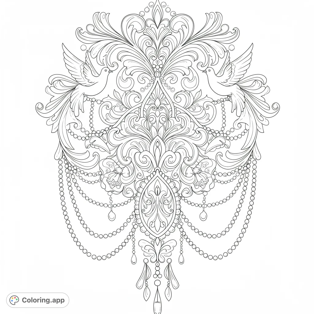 Discover an intricate decorative design featuring a central ornate pendant, graceful doves, swirling tendrils, and bead chains, framed by floral patterns.