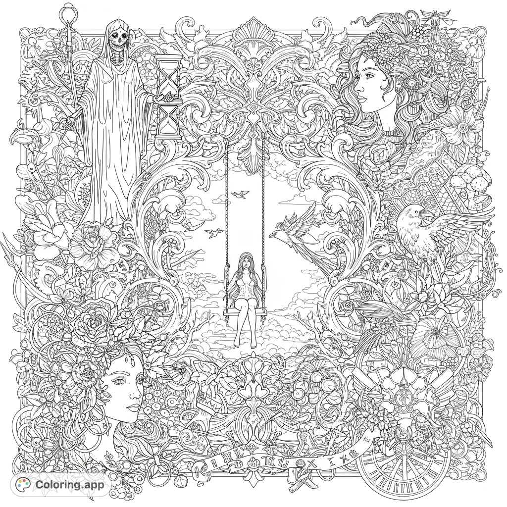 An intricate design featuring two female profiles, a skeletal figure, birds, and symbolic elements interwoven with elaborate patterns. A challenging and rewarding coloring page.