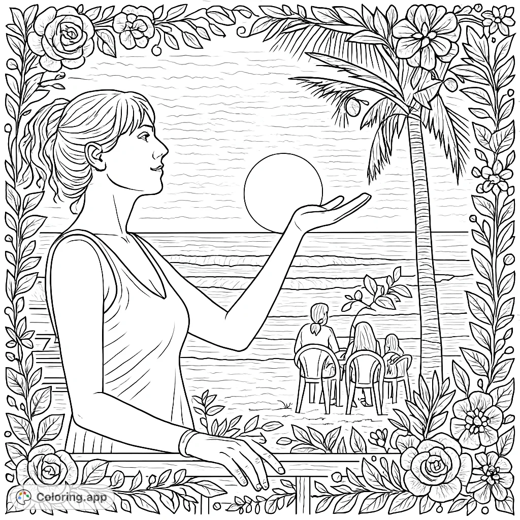Capture the serene beauty of a tropical sunset with this intricate coloring page. Features a silhouette against a vast ocean, palm tree, and decorative borders.