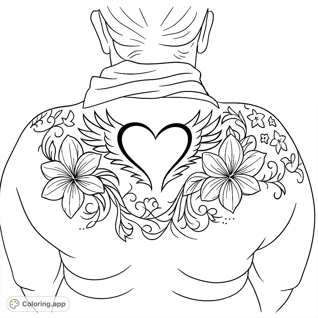 An intricate design featuring a winged heart, elegant flowers, and swirling patterns, perfect for detailed coloring and creative expression.