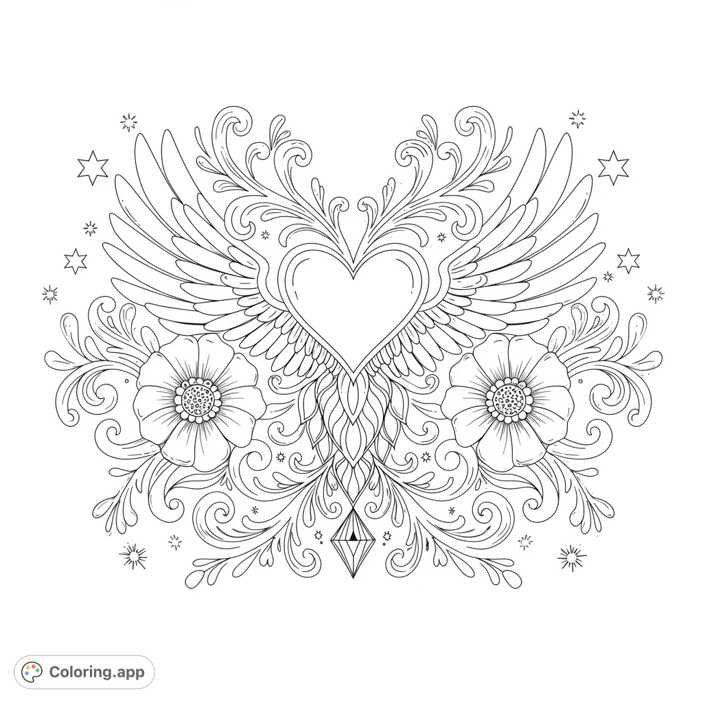 An ornate winged heart adorned with detailed flowers, swirling vines, and scattered stars, perfect for a captivating coloring experience.
