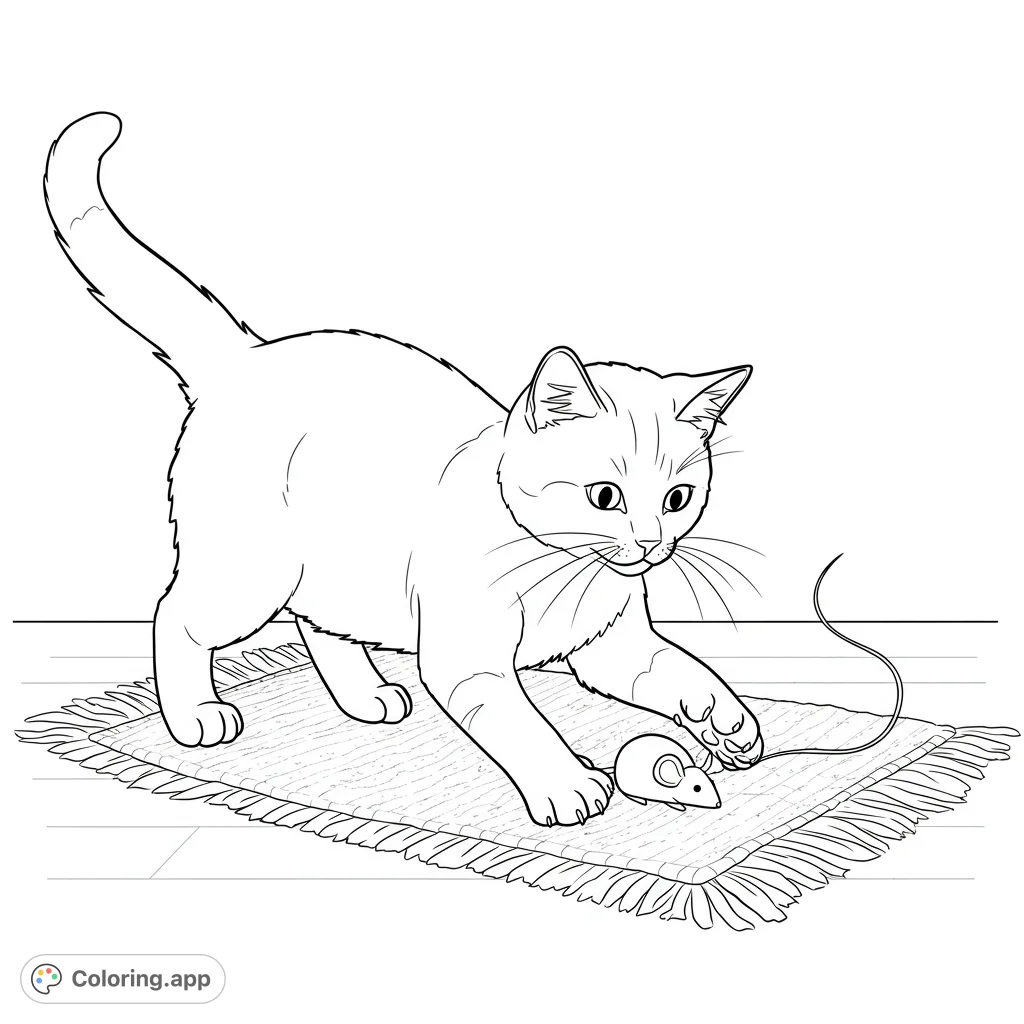 A charming cat playfully batting at a toy mouse, perfect for a fun and engaging free printable cat coloring page for kids and adults.