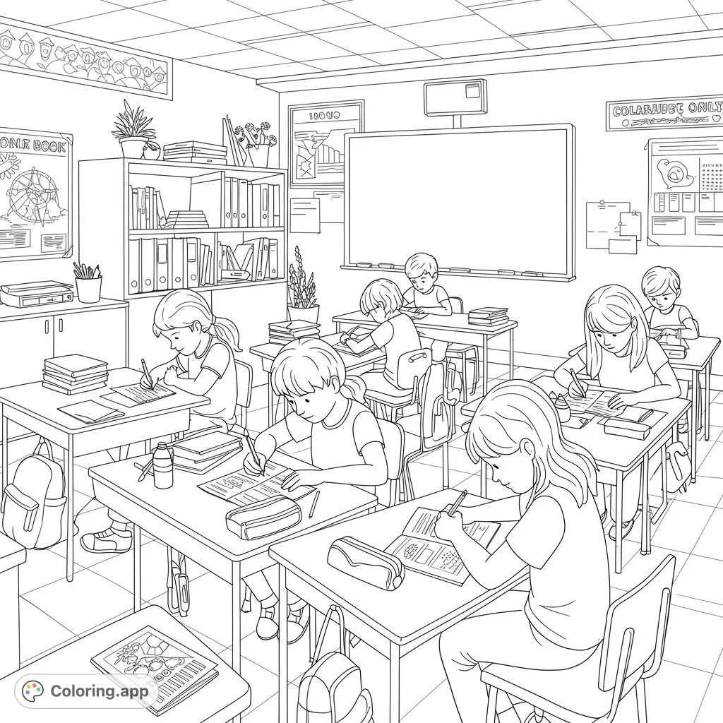 Color a lively classroom scene featuring students diligently writing at their desks. A perfect free printable coloring page for young learners.
