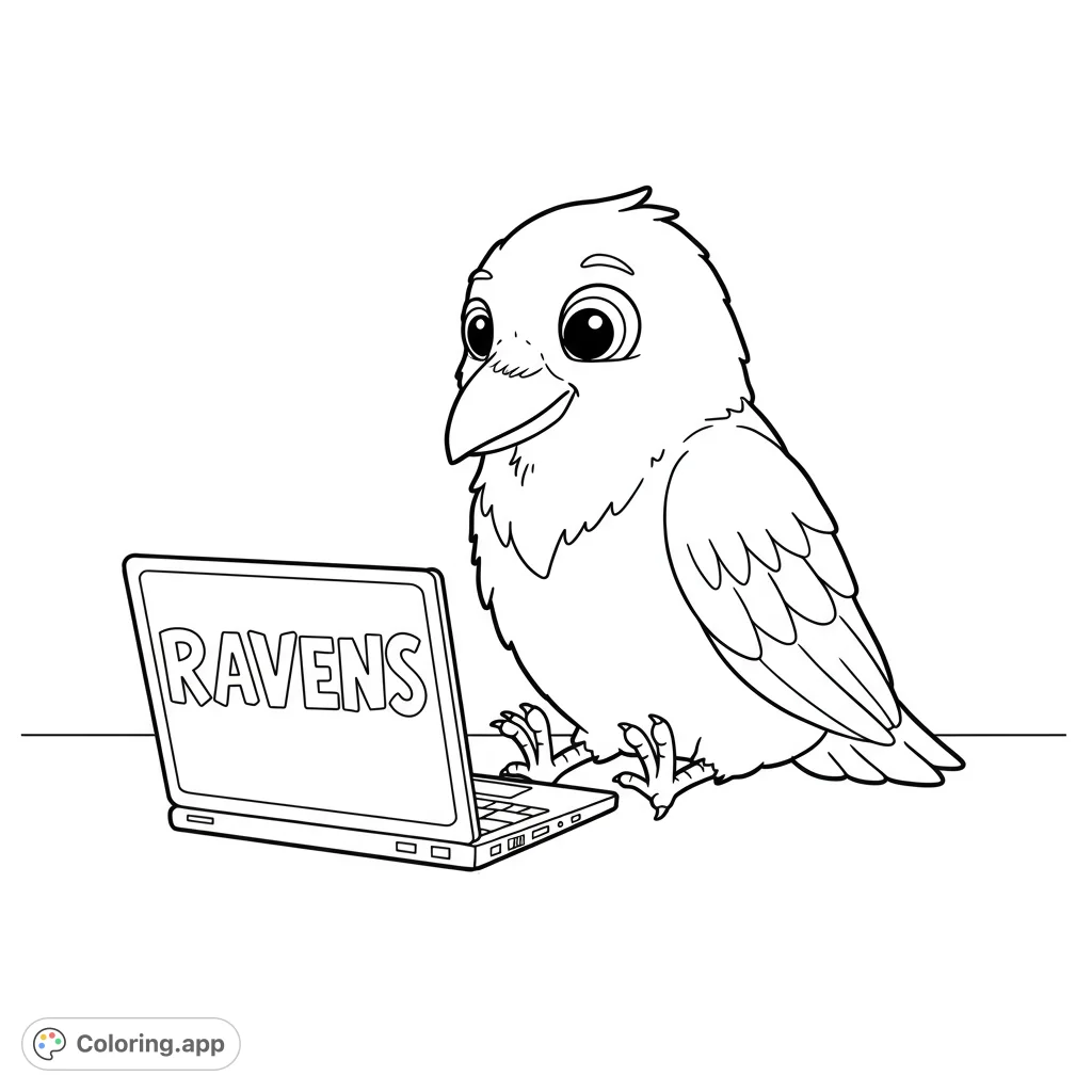 A charming cartoon raven sits with an open laptop displaying "RAVENS" on its screen. A fun, free printable raven coloring page for all ages.