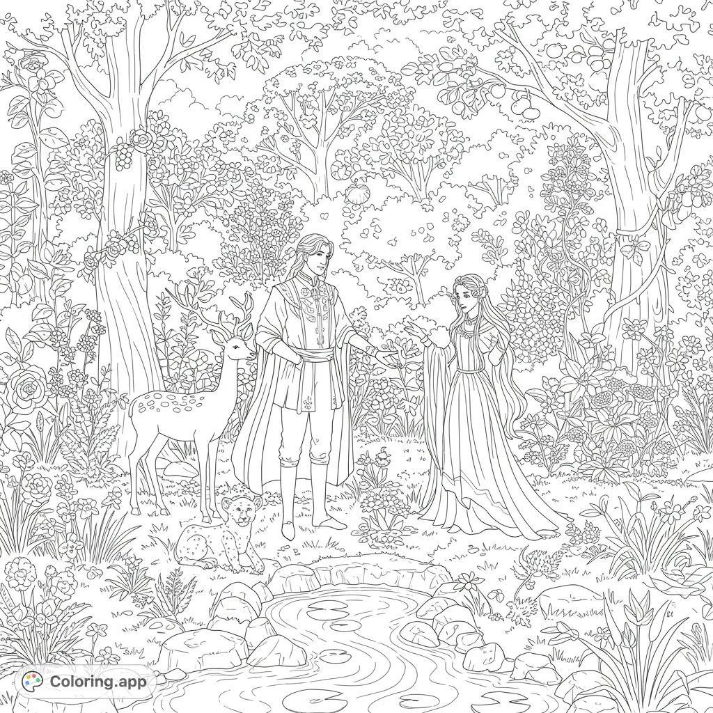 Discover Adam and Eve in a lush, detailed garden with exotic flora, a winding stream, and peaceful animals. A captivating scene for mindful coloring.