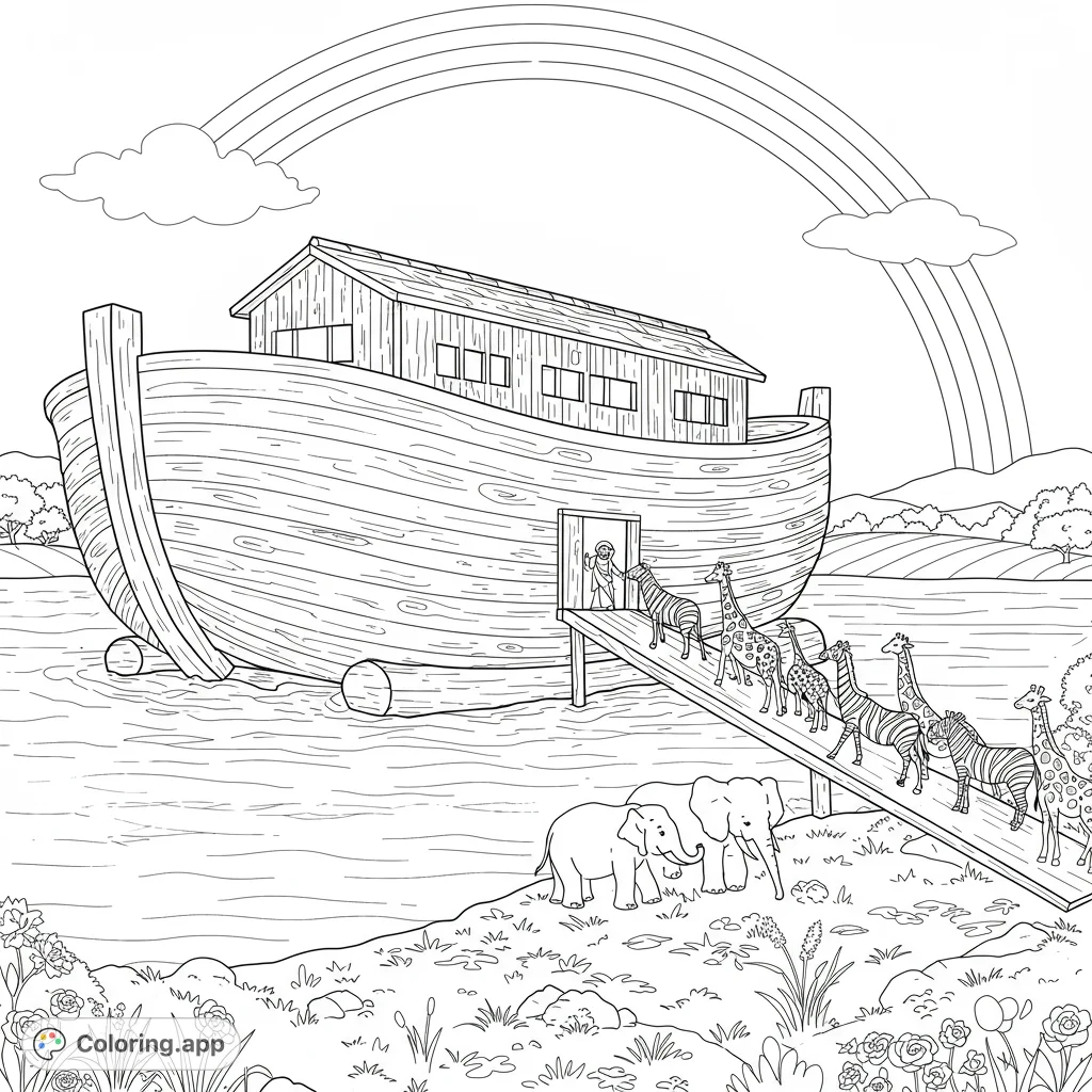 A majestic wooden ark floats on calm waters, with pairs of animals like elephants and giraffes ascending a ramp towards its entrance under a grand rainbow. Perfect for a peaceful coloring experience.