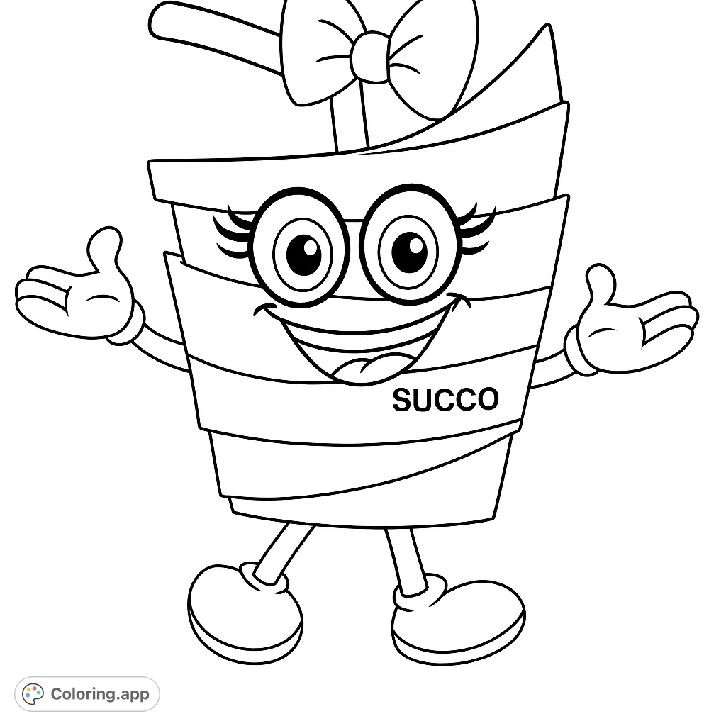 A cheerful drink cup character with a friendly smile, arms, and legs, featuring distinct horizontal stripes and a decorative bow.