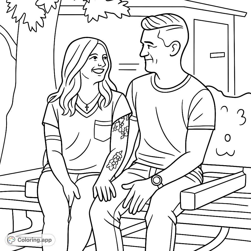 Capture a heartwarming moment with this free printable couple coloring page. A joyful pair sits on a rustic bench, perfect for expressing connection and warmth.