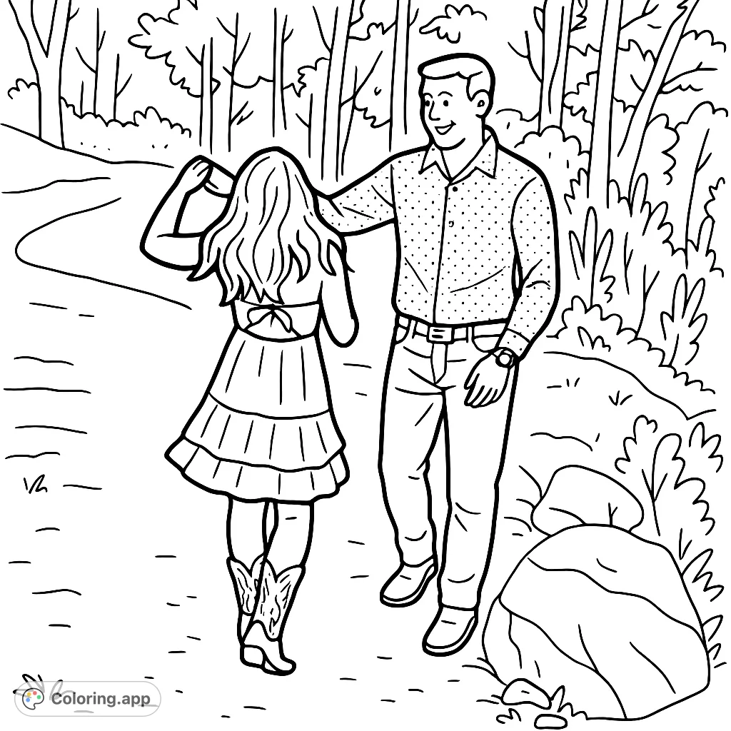 Capture a sweet moment with this couple coloring page. A man and woman stroll hand-in-hand on a path, surrounded by natural elements.