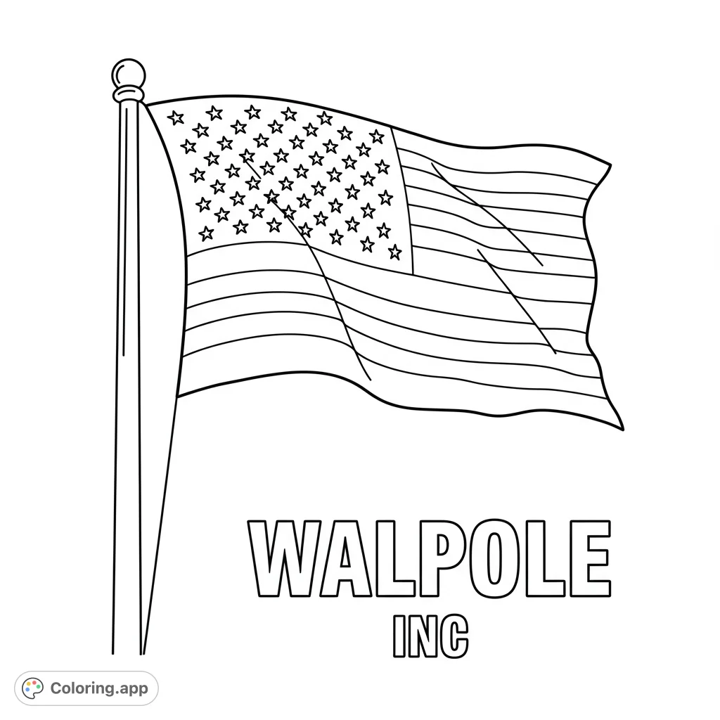 Color a dynamic waving flag featuring stars, stripes, and prominent 'WALPOLE INC' text. A patriotic and engaging free printable coloring page.