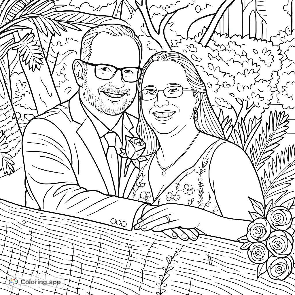 A heartwarming scene of a smiling couple embracing in a lush garden, perfect for celebrating love and connection. Features intricate details.
