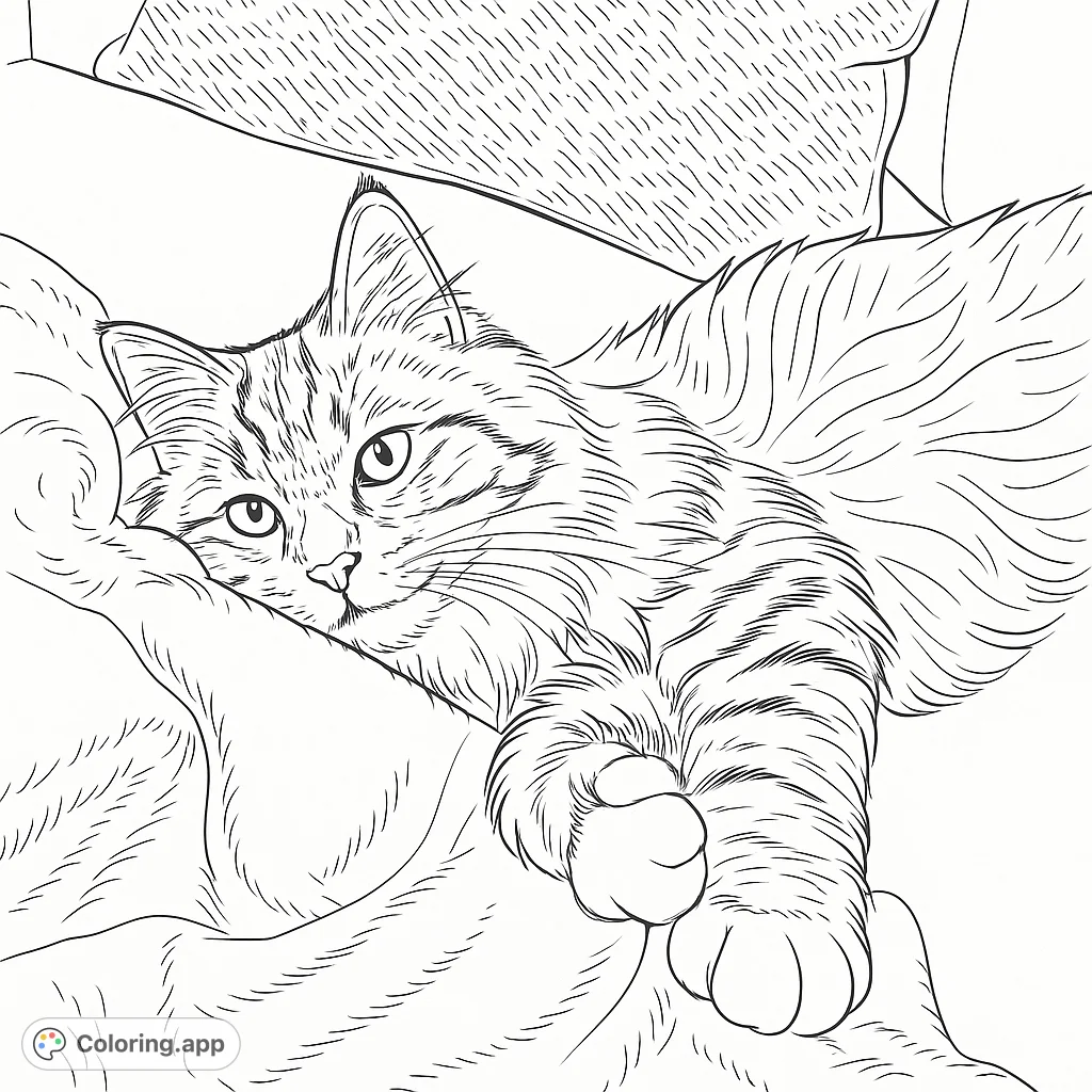 A charming fluffy cat relaxes on a soft blanket, inviting you to add vibrant hues to its detailed fur and cozy setting. Perfect for animal lovers.