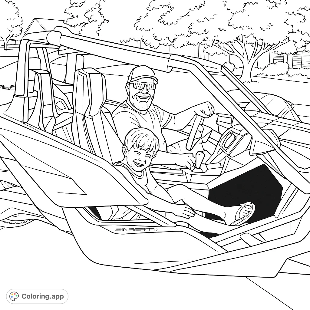 A thrilling open-top vehicle adventure featuring a smiling man and boy, ready for a fun ride. Perfect for vehicle enthusiasts and family fun.