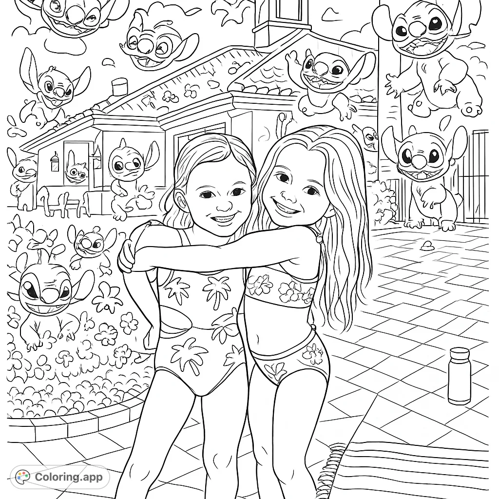 Two happy girls in swimsuits, embracing by a pool building with Lilo and Stitch patterns. A fun summer scene for kids to color!