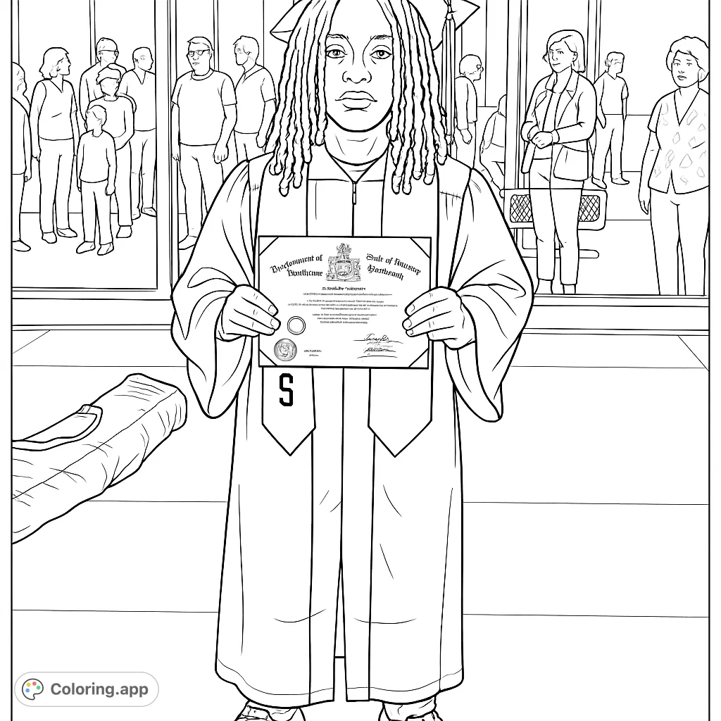 Celebrate academic success with this graduation coloring page featuring a proud graduate in cap and gown holding their diploma. Perfect for all ages!